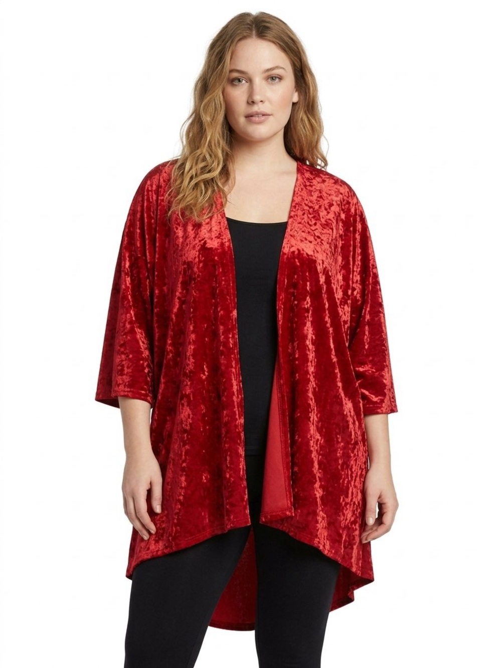 LOVELY J Red Open Front Crushed Velvet Kimono Cardigan XL